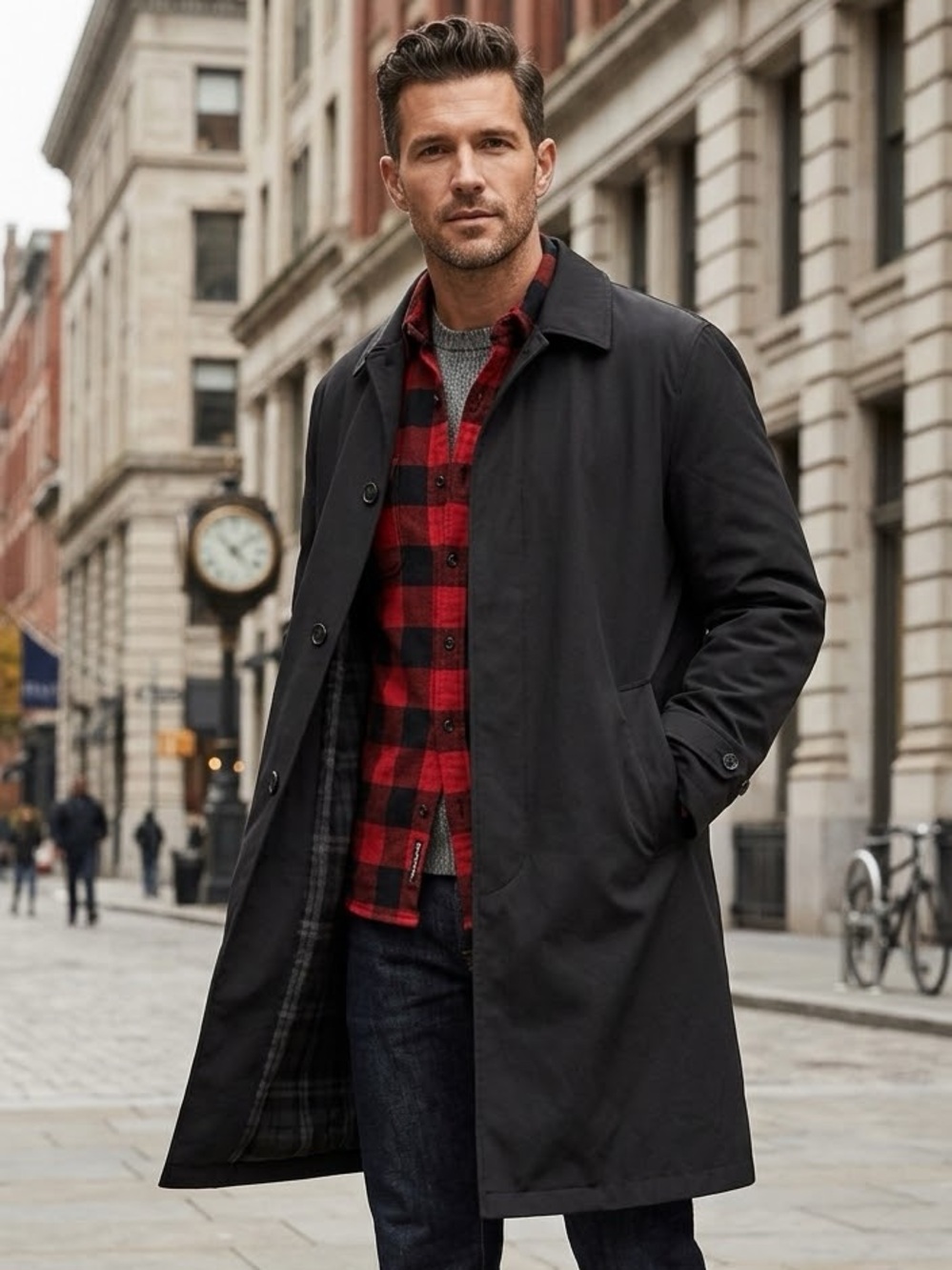 Ralph Lauren Mens 40R Black All-Weather Overcoat Zip-Out Wool Blend Plaid Liner